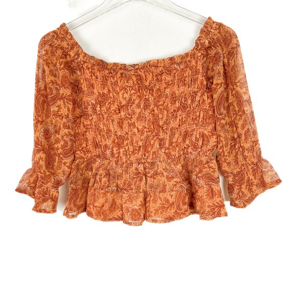 NWT Patrons of Peace Cropped Floral Smocked Ruffle Top Marigold Size Small S NEW - Picture 10 of 15